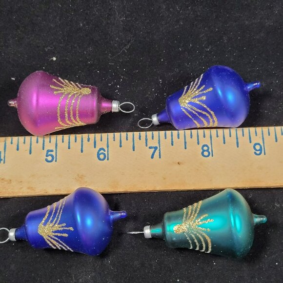 4 Glass Bell Christmas Tree Ornaments Glitter‎ Blue Pink Teal MCM Retro Vtg - Picture 5 of 5